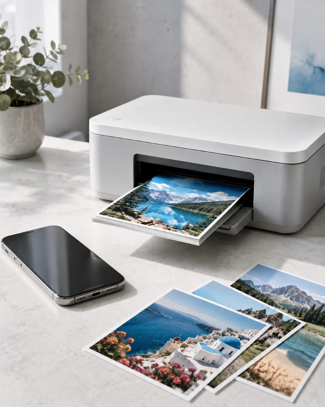 Смартфон рядом с фотопринтером и готовыми фотографиями